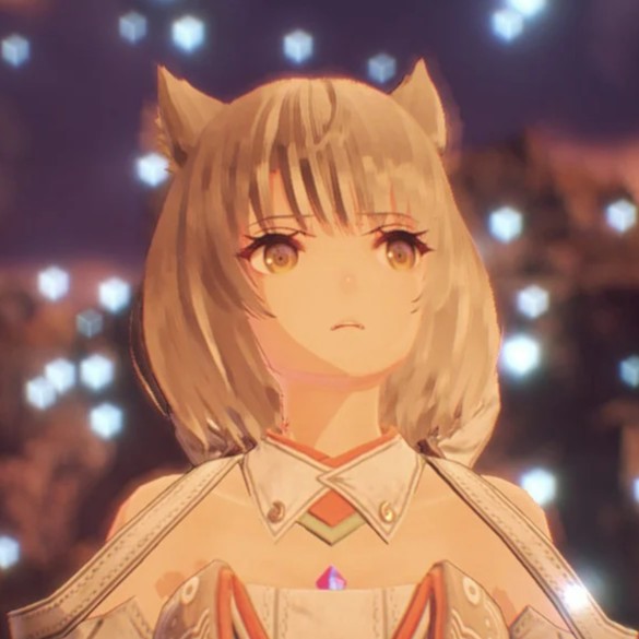 the character mio from xenoblade 3 standing amongst a field of white light motes